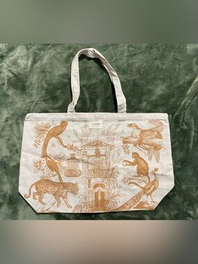 Sezane Beige Canvas Tote with Burnt Orange Animal & Architecture Print